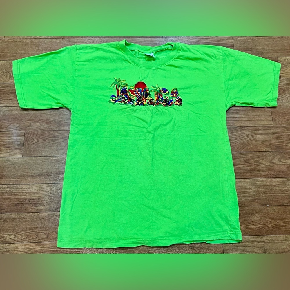 Vintage 90s Y2K Jamaica Island Tee Embroidered Adult Unisex Size Medium Green